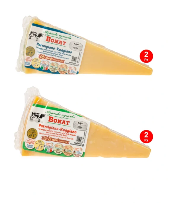 Parmigiano Reggiano Bonat: 2 spicchi 16 mesi + 2 spicchi da 26/28 mesi - 2 kg