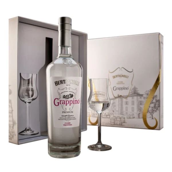Cofanetto Regalo Grappino Premium Bianco con 2 Calici - Bertagnolli