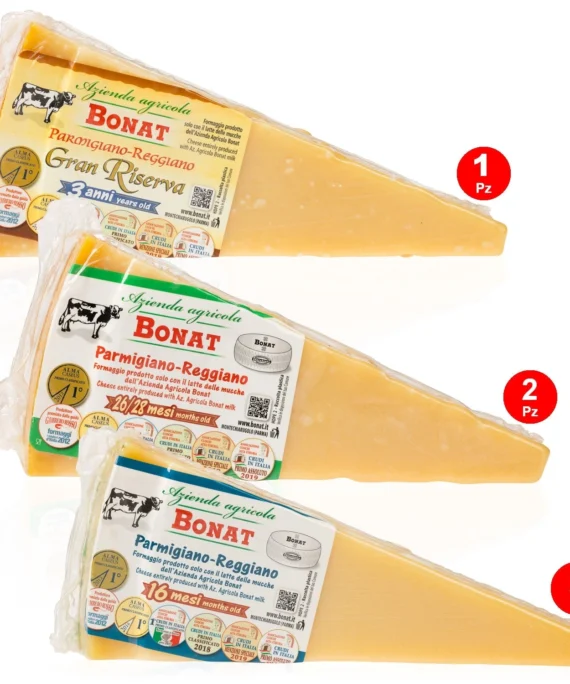 Parmigiano Reggiano Bonat 3 stagionature: 2 x 16 mesi - 2 x 26-28 mesi - 1 x 3 anni - 2.5 kg